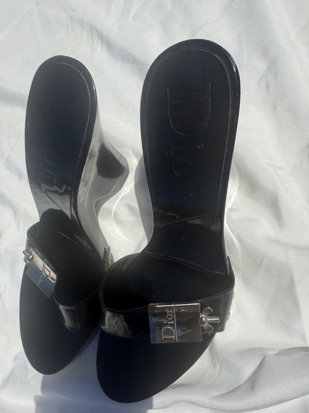 Dior Black Patent Slide Mules with Silver Logo Buckle - Picture 3 of 3
